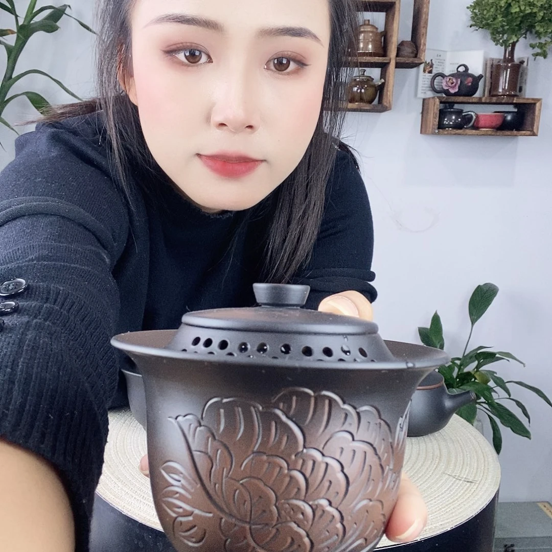 壶?****建水紫陶微瑕牡丹手抓壶