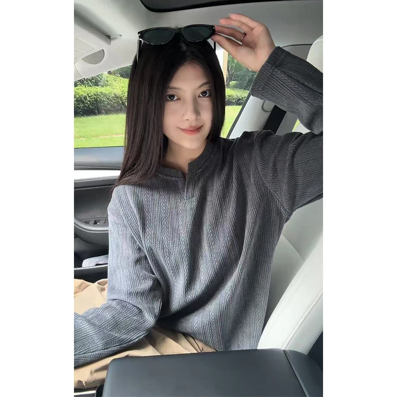 深灰色麦穗纹V领长袖T恤男款休闲宽松百搭美式重磅春秋打底卫衣