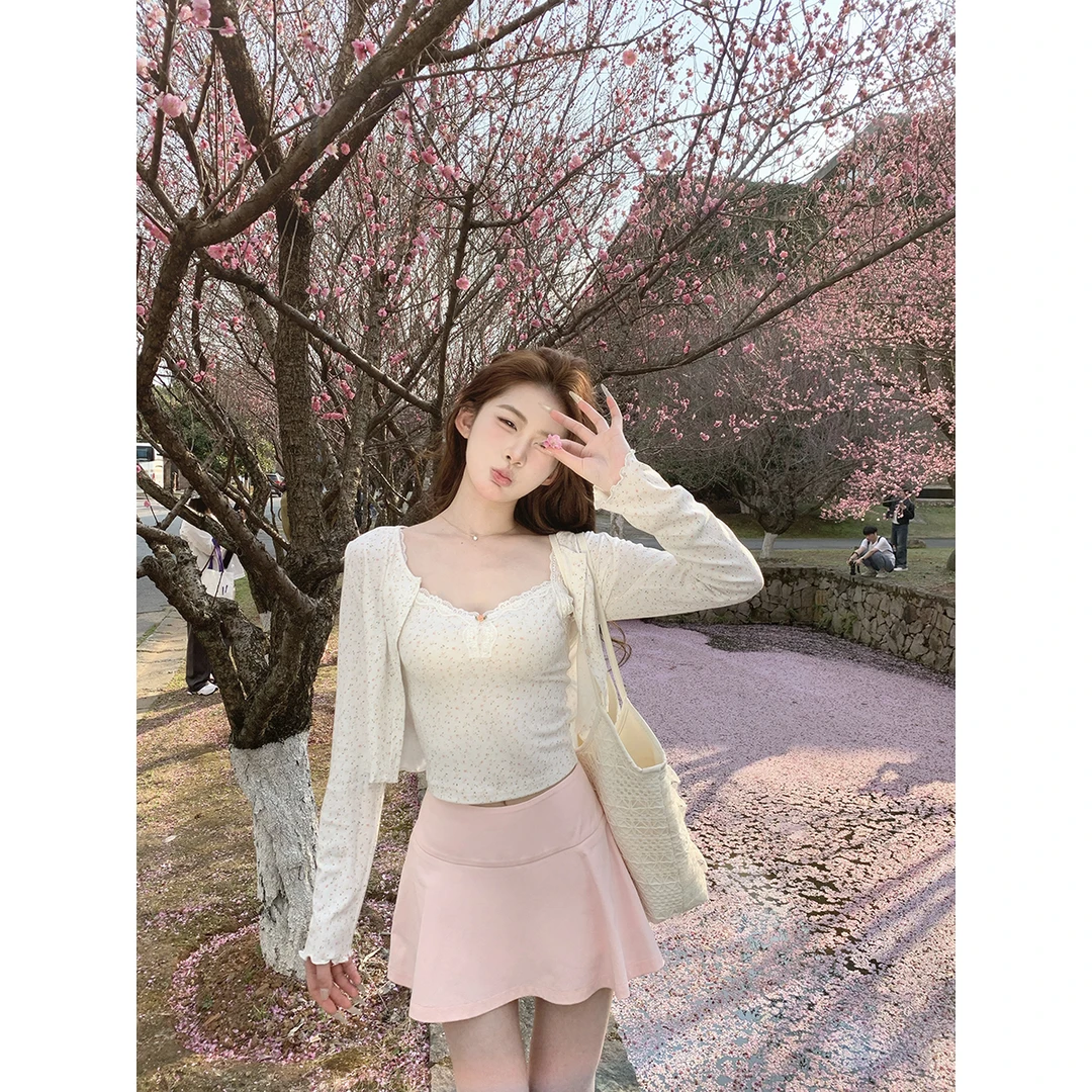 麻吉麻吉mochi【樱岛茶话】春夏新款时尚高级感开衫吊带半裙套装