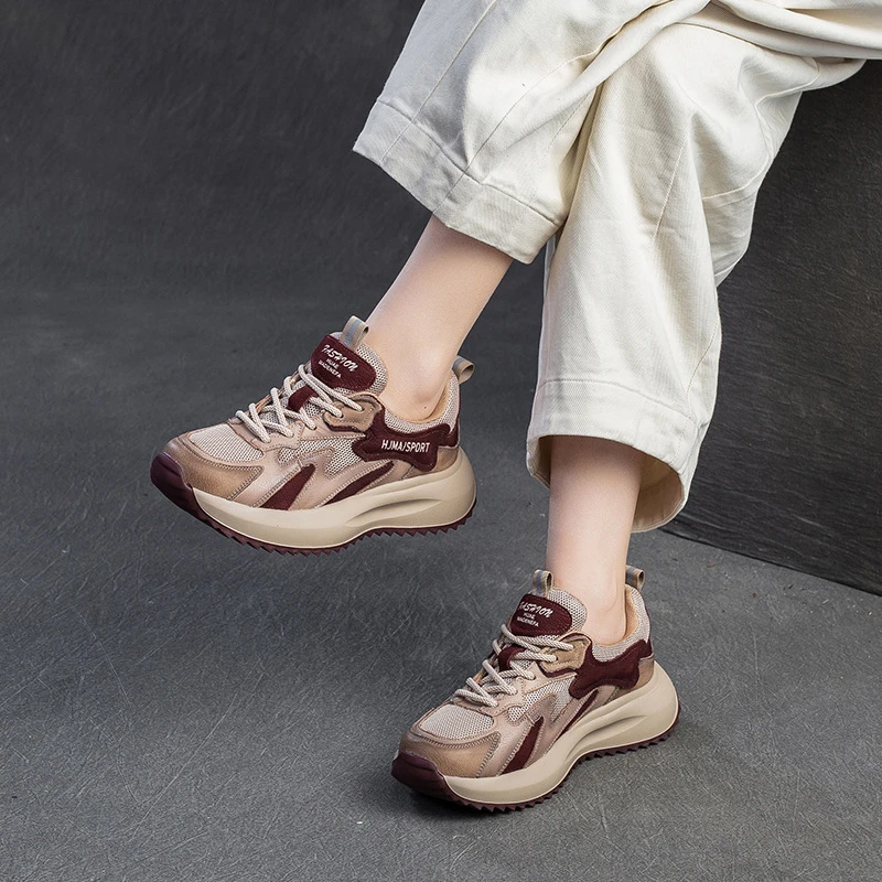 【12518J】春季新款拼色系带小众时尚单鞋透气网面百搭休闲女鞋