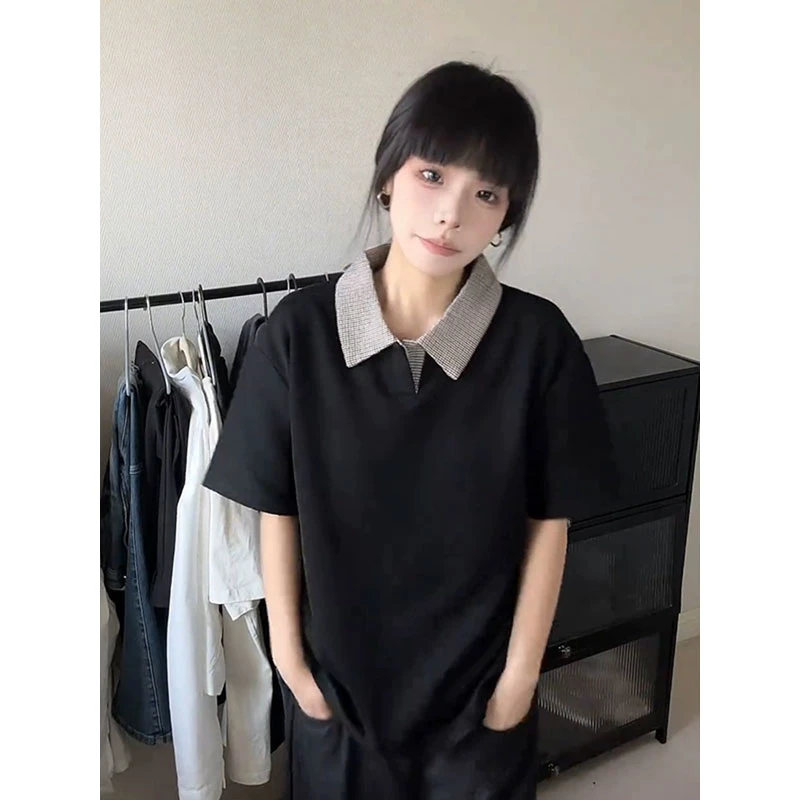 黑色老钱风千鸟格短袖男款夏季松弛感新贵雅痞正肩t恤美式半截袖