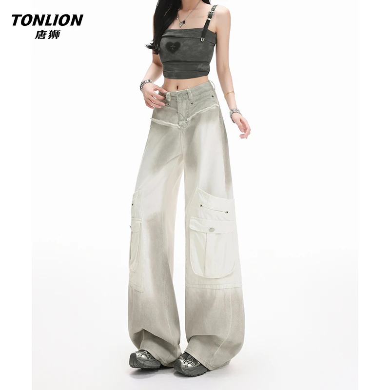 唐狮高街设计感扎染工装牛仔裤女早秋新款灰白高腰宽松阔腿裤子