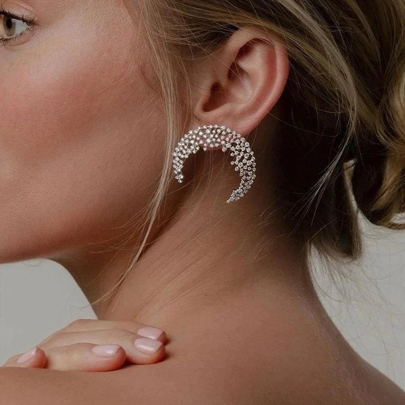 铜合金合成锆石耳饰 4277西洋中古风 vintage复古银色月亮耳环