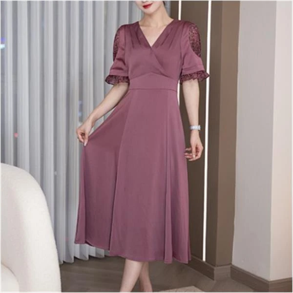 现货2025夏季新款【XY23-X75】气质轻奢显瘦紫色v领小众连衣裙子女