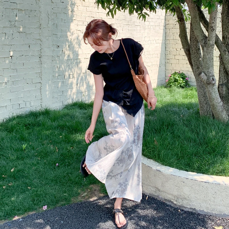 气质法式氛围感套装裙女2025夏季新款浪漫风不规则T恤印花半身裙