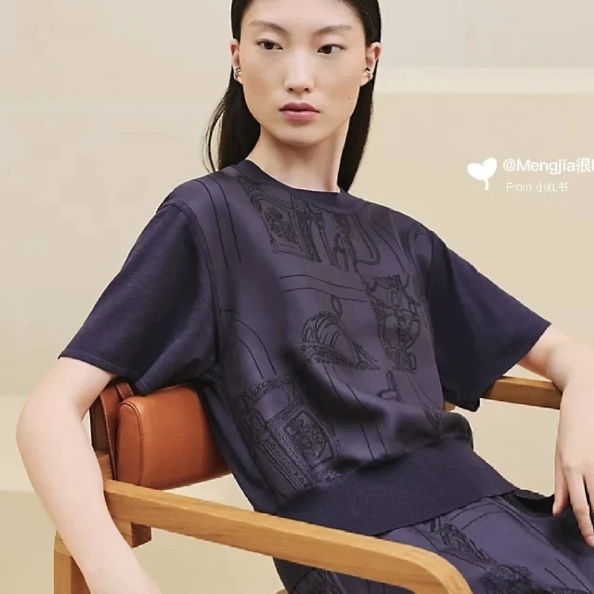 99新 Hermes/爱马仕 暗紫色图腾短袖 38码 GM003507