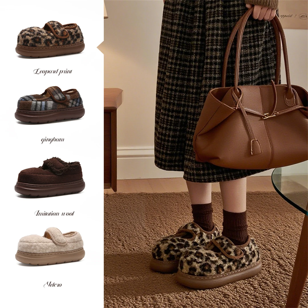 细细条 秋冬防滑格子玛丽珍面包棉鞋时尚豹纹厚底魔术贴豆豆鞋女