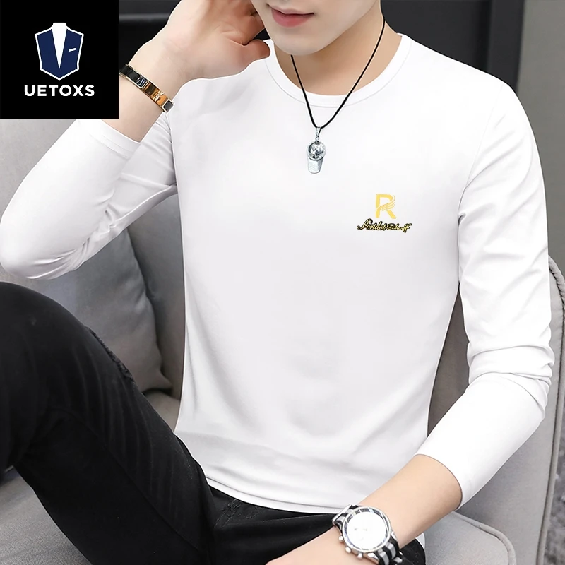 春秋季新款青年白色长袖T恤男士莫代尔棉宽松潮牌圆领卫衣打底衫