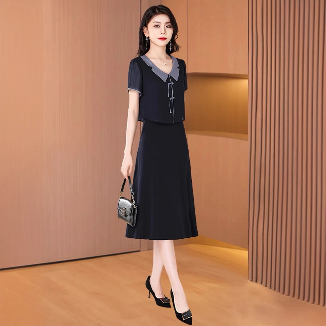 雪纺短袖连衣裙夏季小个子修身显瘦收腰新中式国风盘扣中长款裙子