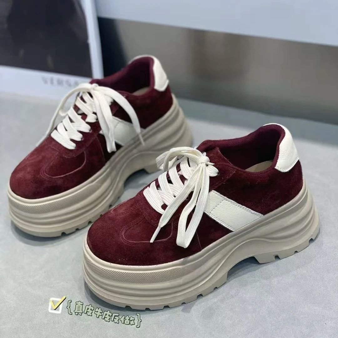 2025年秋款欧洲站磨砂皮真皮系带厚底松糕鞋板鞋女鞋