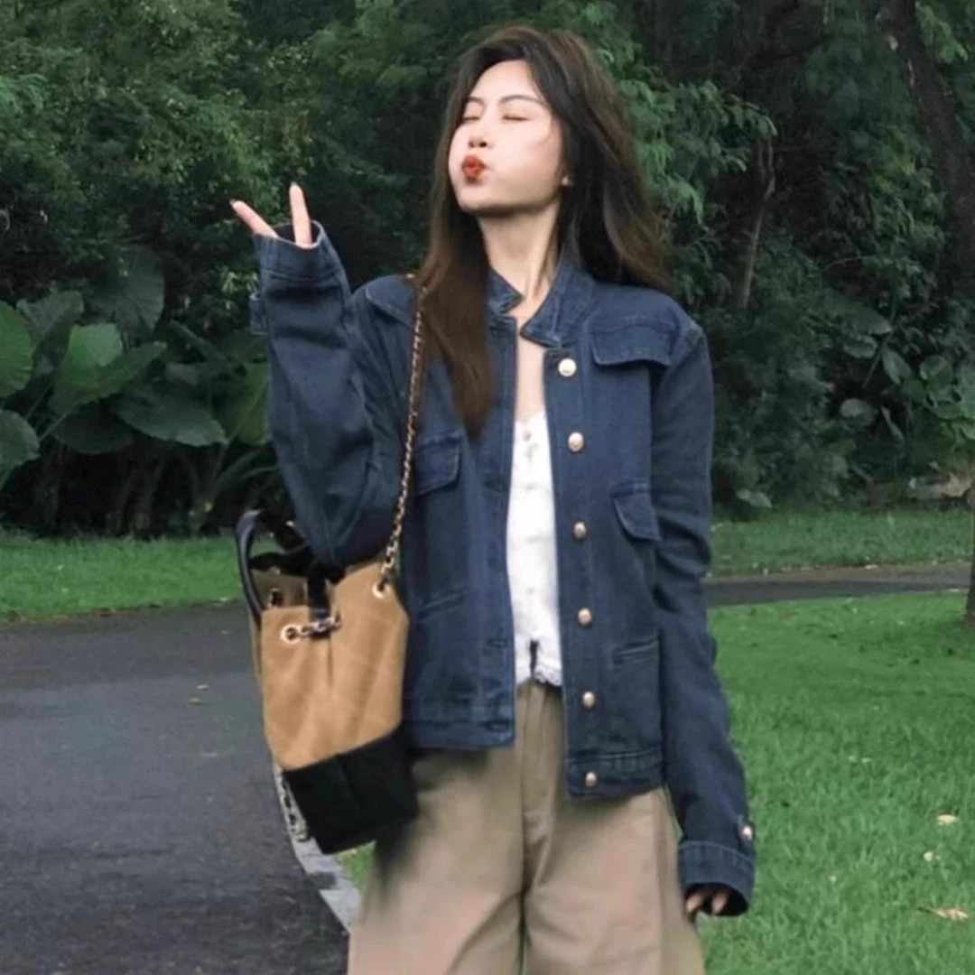 立领牛仔外套女2025新款秋季设计感复古宽松显瘦短款蓝色夹克上衣