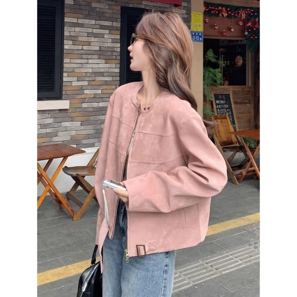 韩版外套女春秋季新款甜美小个子时尚夹克仿麂皮绒气质减龄上衣