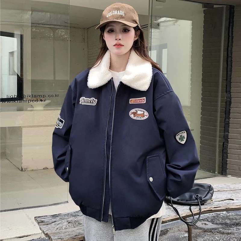 美式复古加棉加厚棉服女外套女2024秋冬季新款学生韩版棒球服棉衣
