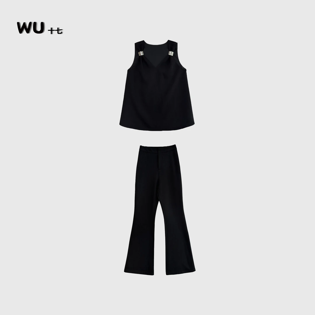 气质显瘦黑色套装女夏无袖V领背心上衣修身微喇长裤两件套2507055