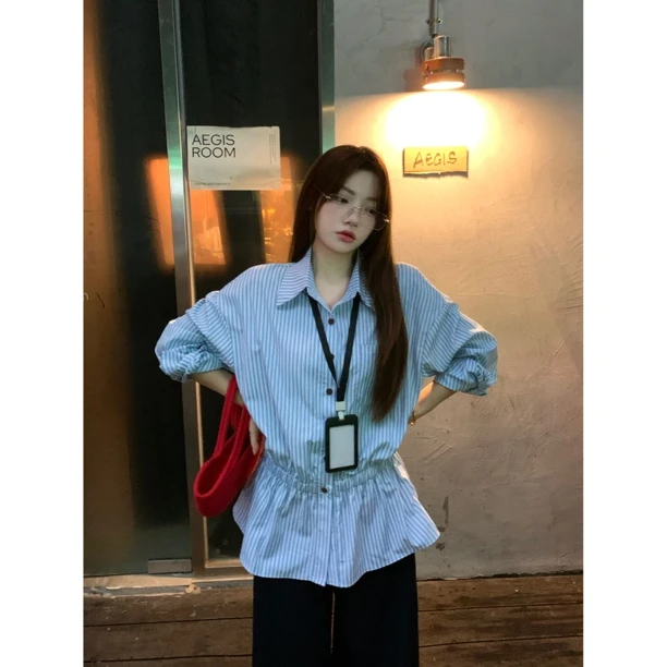 【鬼马周刊】2025早秋条纹宽松版型收腰松紧腰衬衫女 Y3339 Y3233