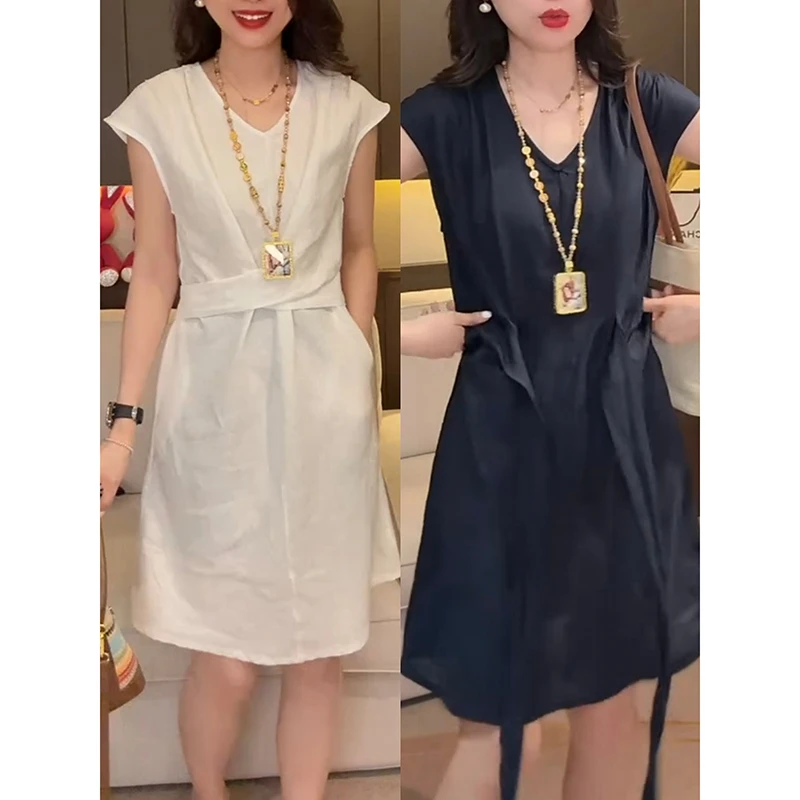 超好看简约文艺风白色连衣裙女2025夏季小众高级感气质显瘦中长裙