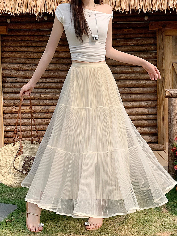2025夏季新款白色纱裙女韩版甜美显瘦松紧腰拼接中长款高腰半身裙