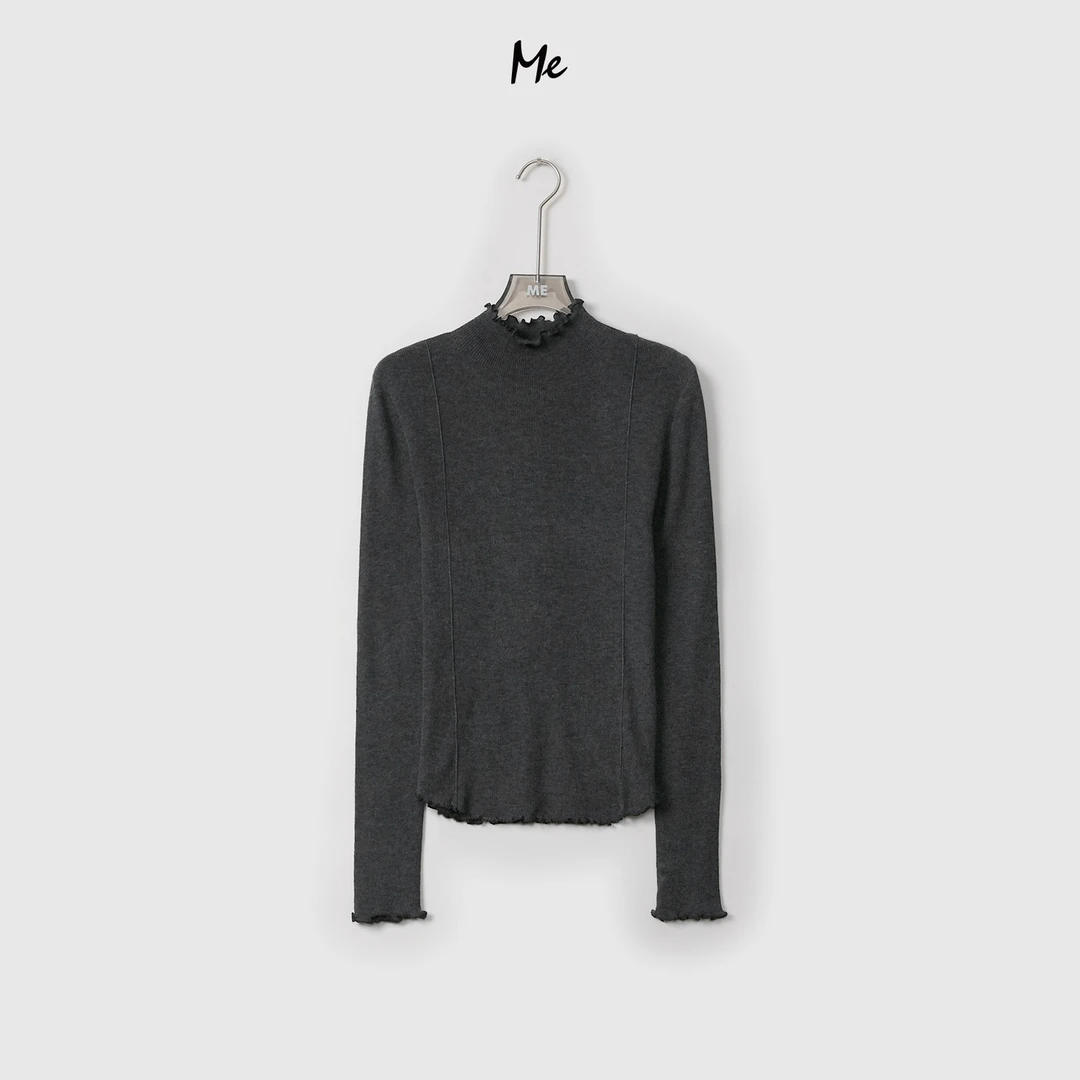ME【木耳边修身打底衫】绵羊毛混纺坑条保暖百搭针织毛衣MEQA4537