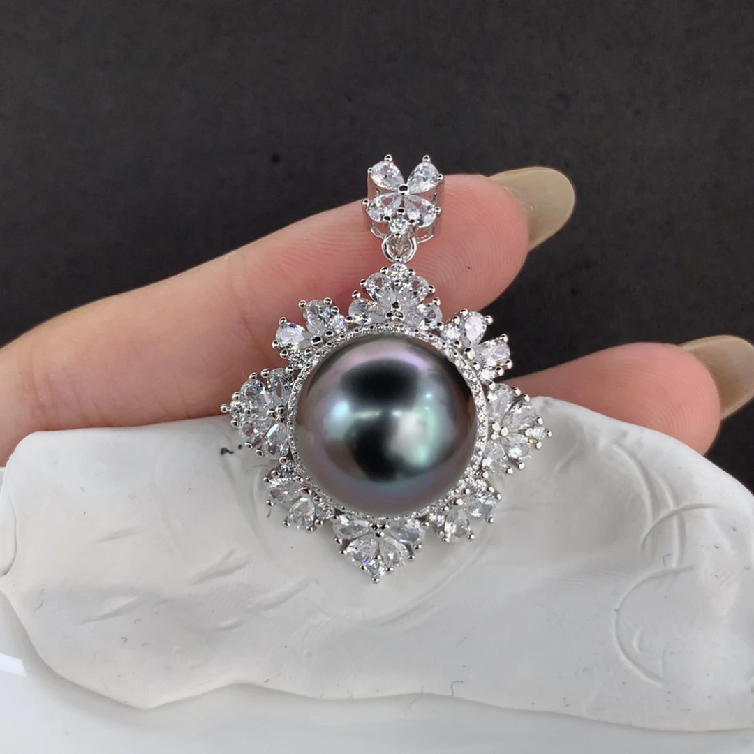 定制海水珍珠银S925镶嵌吊坠(不含链)大溪地妖紫色12.9mm豪镶款