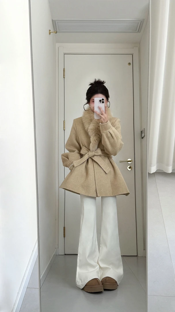 2025秋冬韩系千金大小姐系带收腰毛领毛呢外套搭配白色裤子两件套