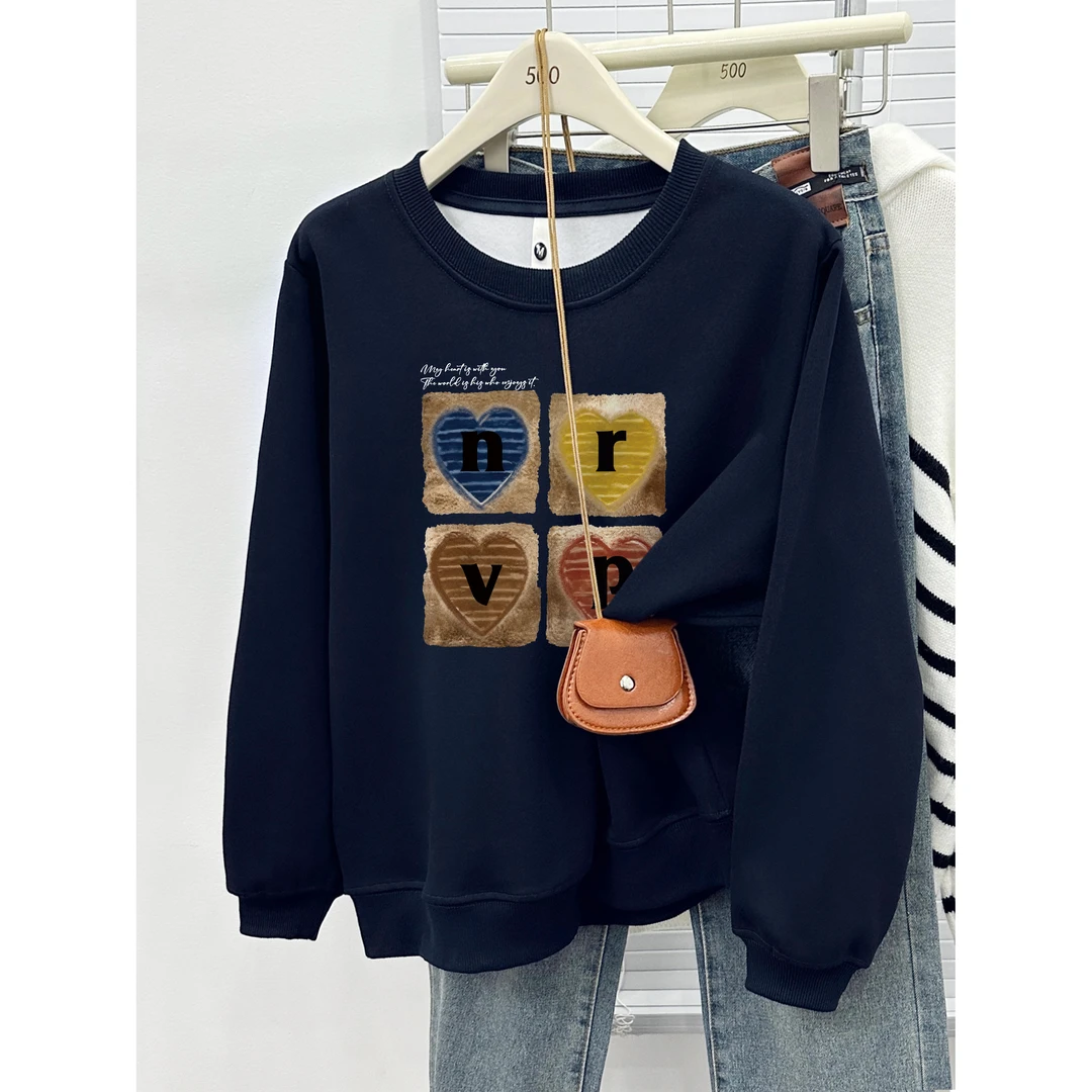 正肩大码圆领卫衣女秋冬新款韩版时尚慵懒风宽松百搭加绒加厚上衣