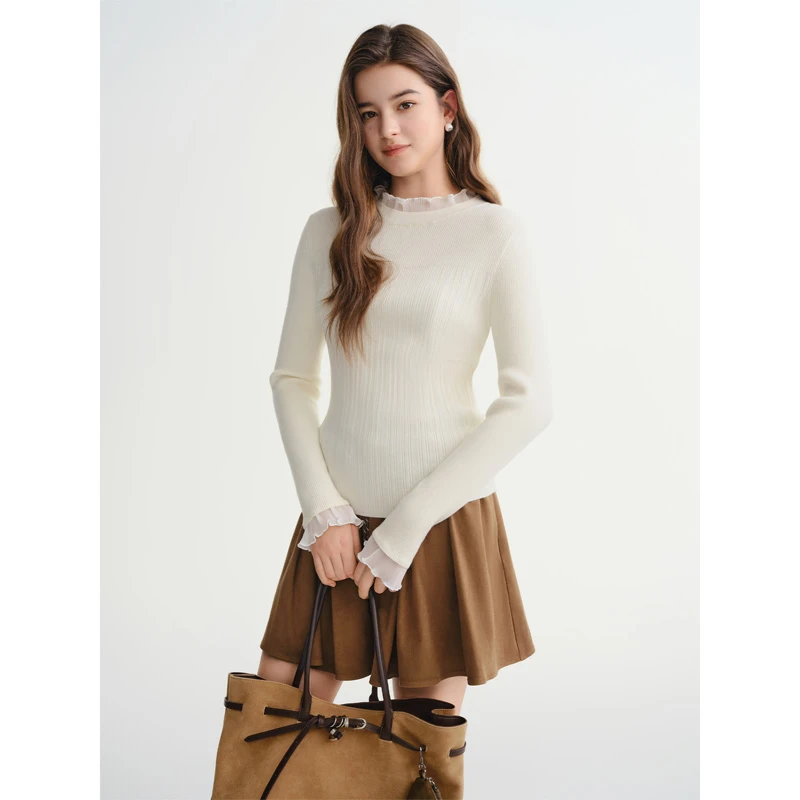 独束大码女装蕾丝木耳边修身针织打底衫半高领针织内搭25DS84025