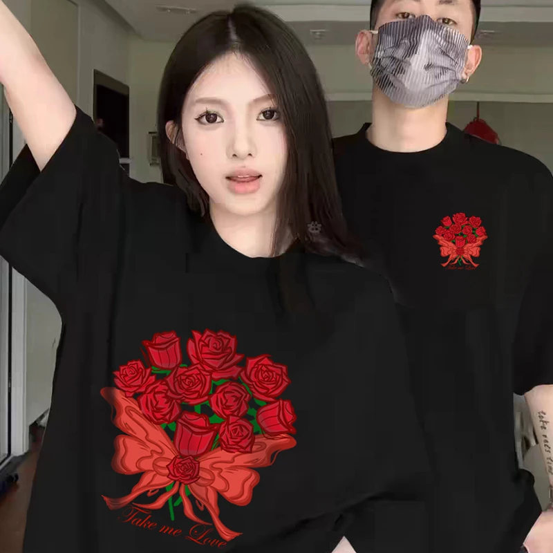 原创高级感玫瑰花束潮牌情侣装T恤重磅纯棉宽松短袖520情人节礼物
