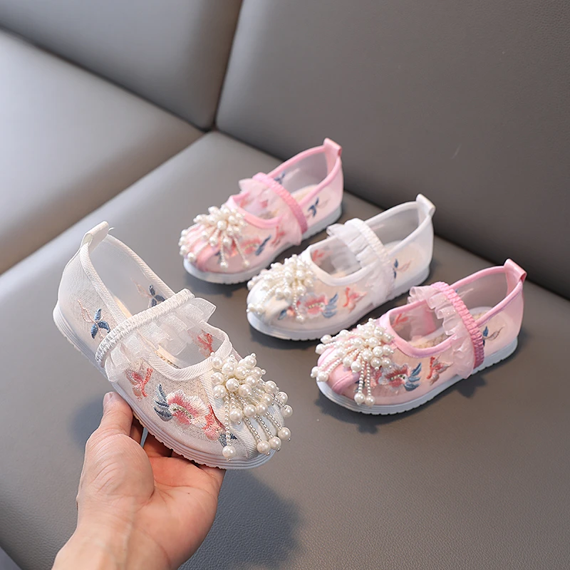 新款网纱女童汉服鞋儿童绣花鞋中国风手工布鞋防滑软底鞋辣