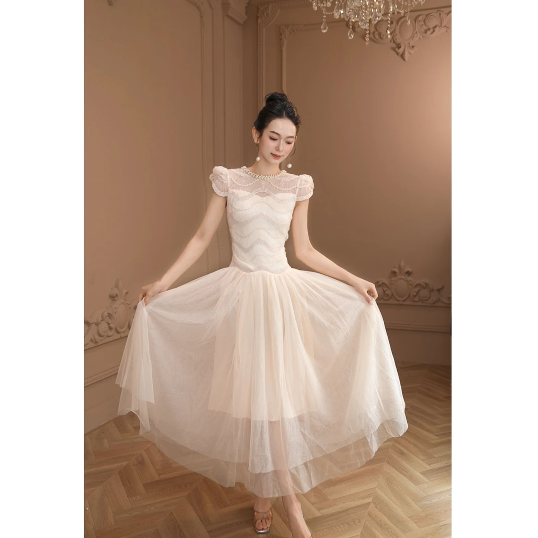 【童童定制】法式赫本风气质名媛收腰显瘦蕾丝拼接优雅连衣裙21723