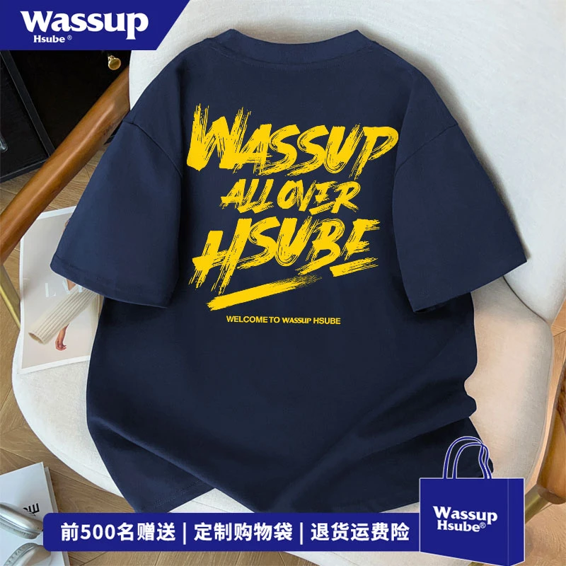 WASSUP HSUBE 高级感字母印花藏青色短袖T恤夏季男女宽松百搭上衣