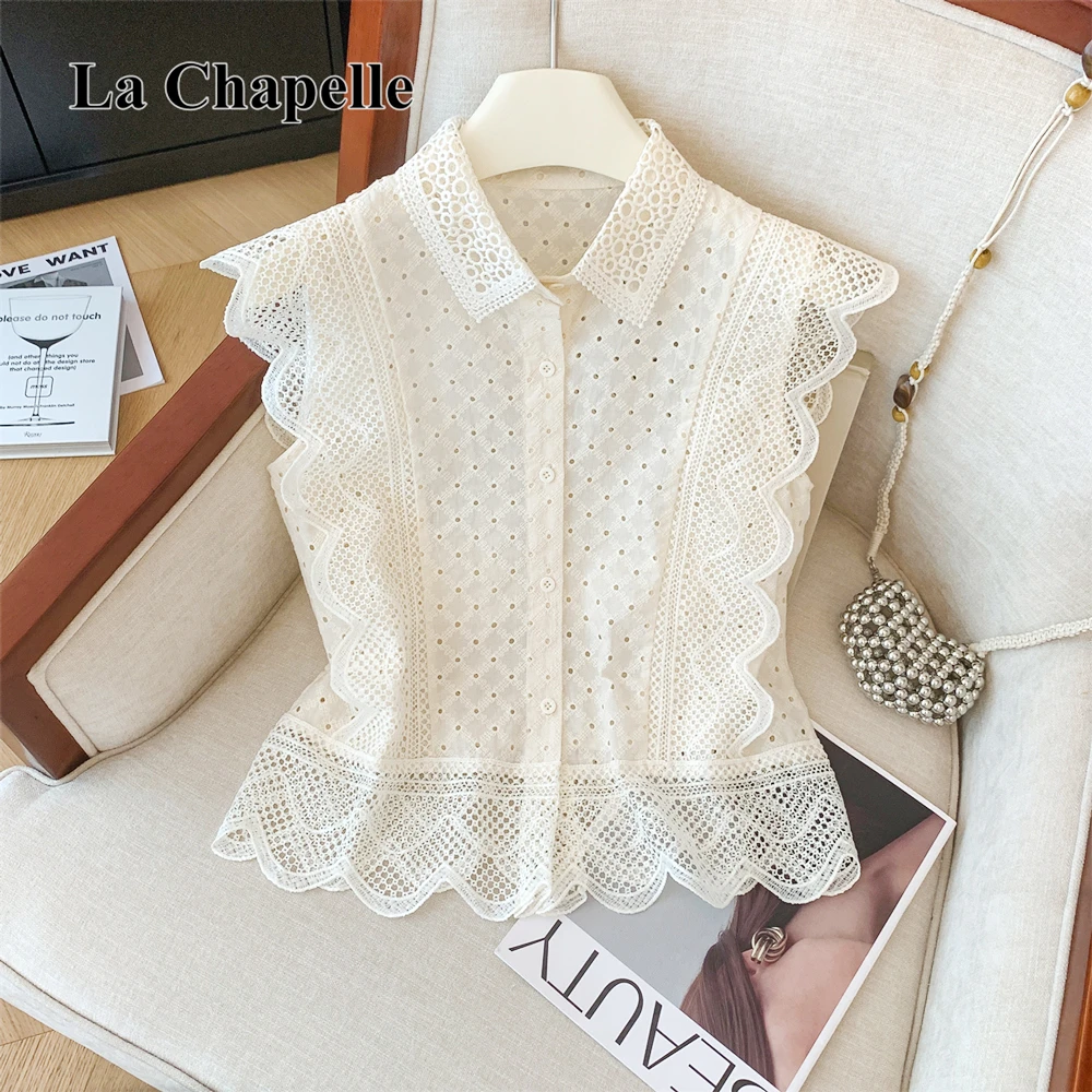 拉夏贝尔新款花边镂空夏季外穿洋气衬衫女韩系高级感无袖宽松上衣