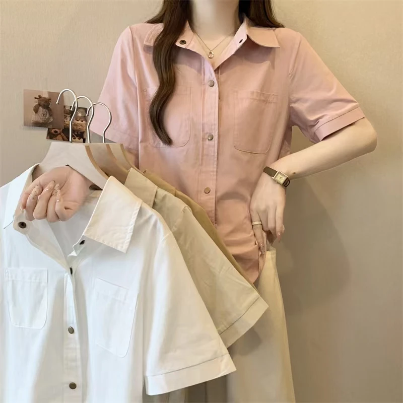 简约设计感淡衬衫工装风夏季常规宽松短袖纯色薄款时尚休闲百搭