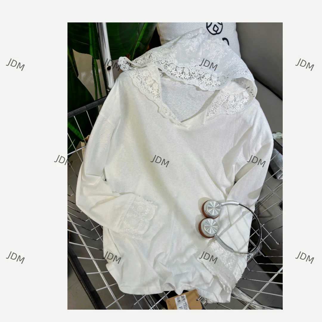 蕾丝宽松大版长袖拼接百搭白色套头T恤连帽时尚打底休闲韩版T恤