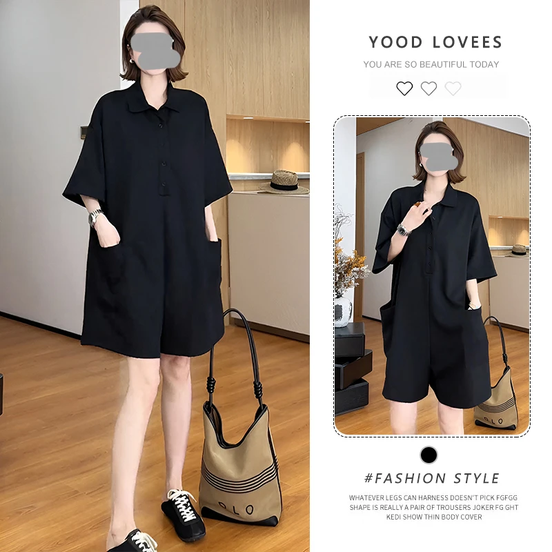 2025年夏季新款韩版时尚气质百搭显瘦短袖连体衣宽松翻领连体服女