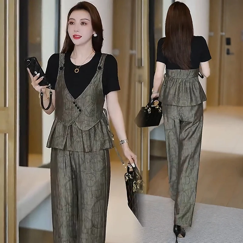 时尚套装女2025夏季新款洋气收腰显瘦假两件短袖阔腿裤休闲两件套