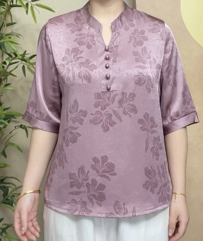 五分袖夏季新款洋气立领粉色提花时尚中年打底气质妈妈装大码上衣