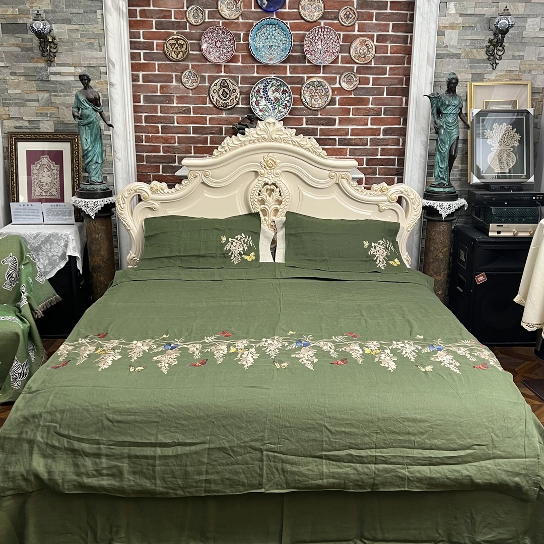 RS185纯亚麻苔藓绿色刺绣款Q-(蝴蝶)四件套