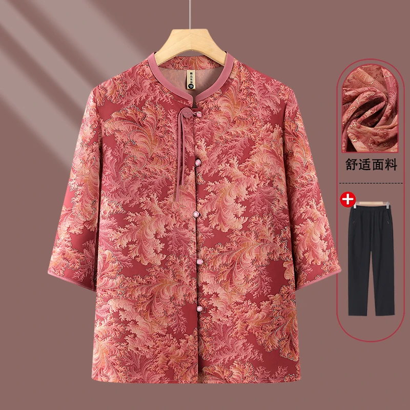 老年人夏装女款妈妈开衫衬衣老太太圆领衬衫70岁80奶奶装中袖上衣