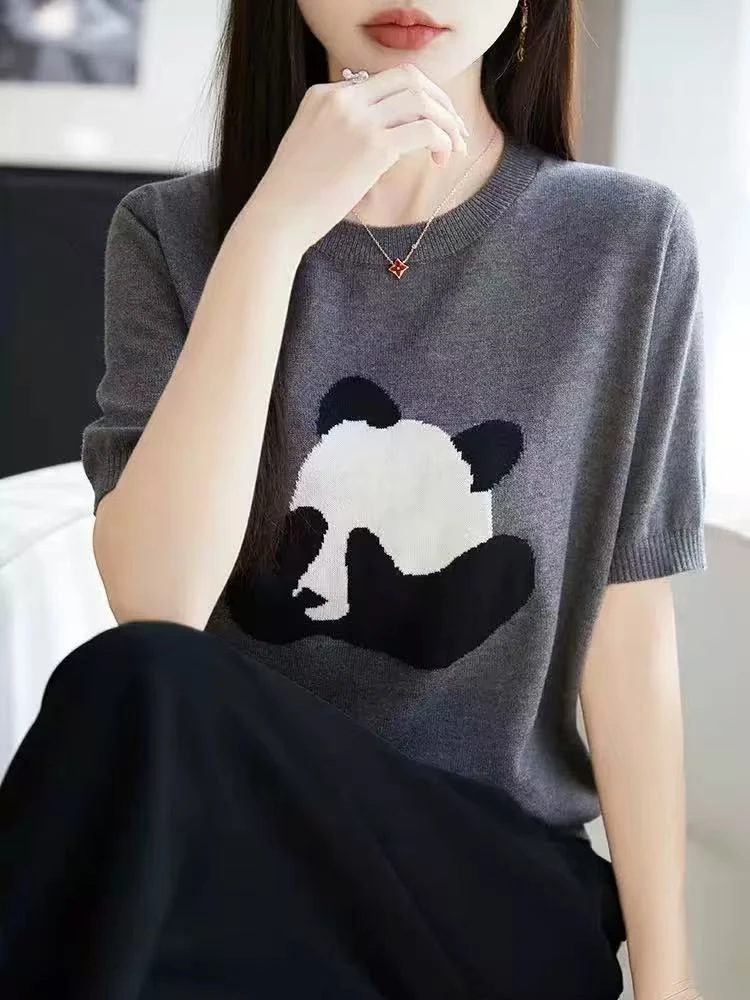 卡通熊猫经典黑灰针织衫圆领女装打底衫T恤短袖