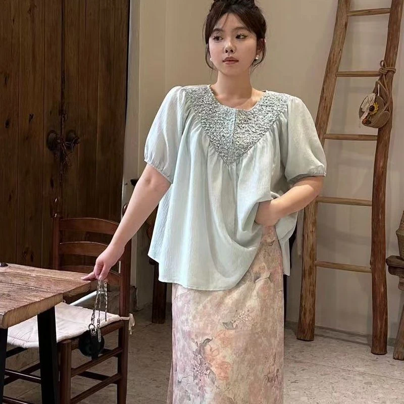 晶咕【讨人喜欢】小众打揽褶皱圆领套头短袖气质时尚夏季重工