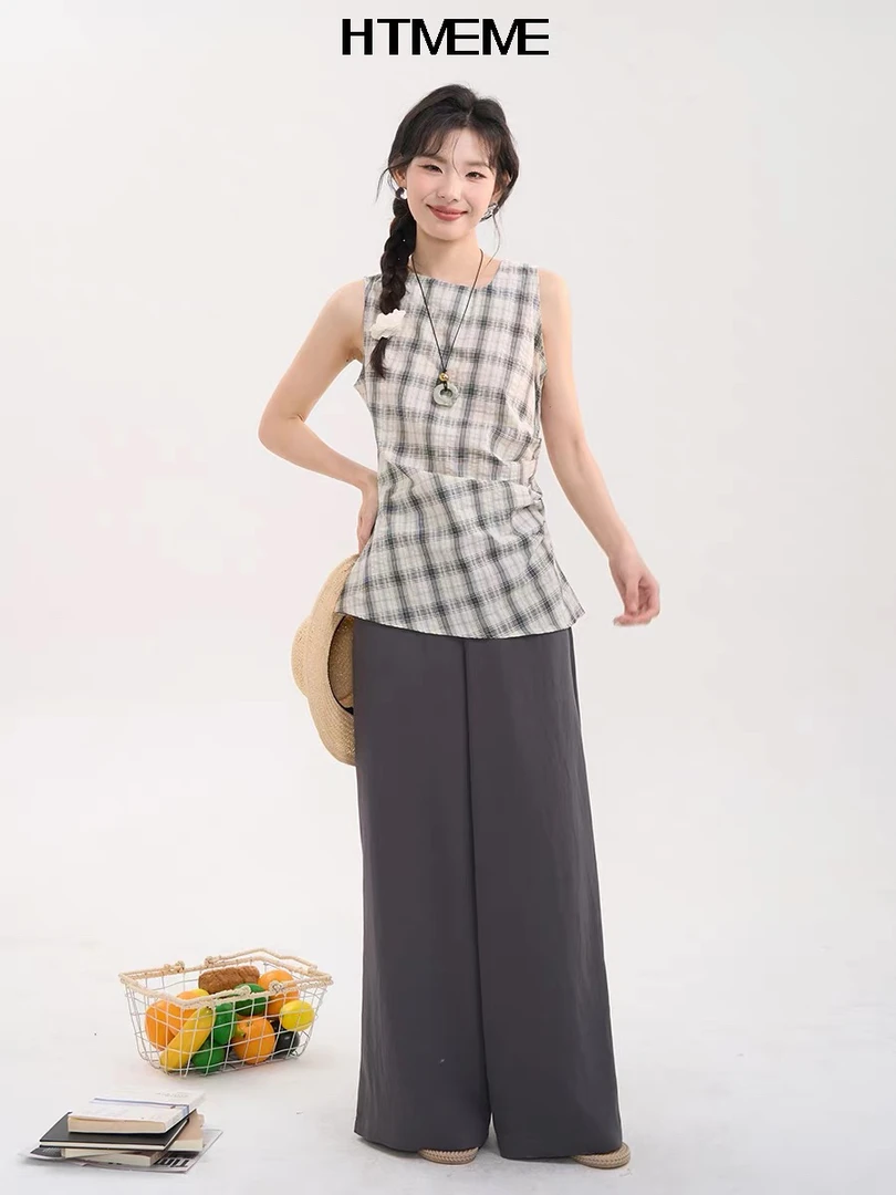 YANG YANG 韩系褶皱格子背心衬衣女无袖上衣#1315