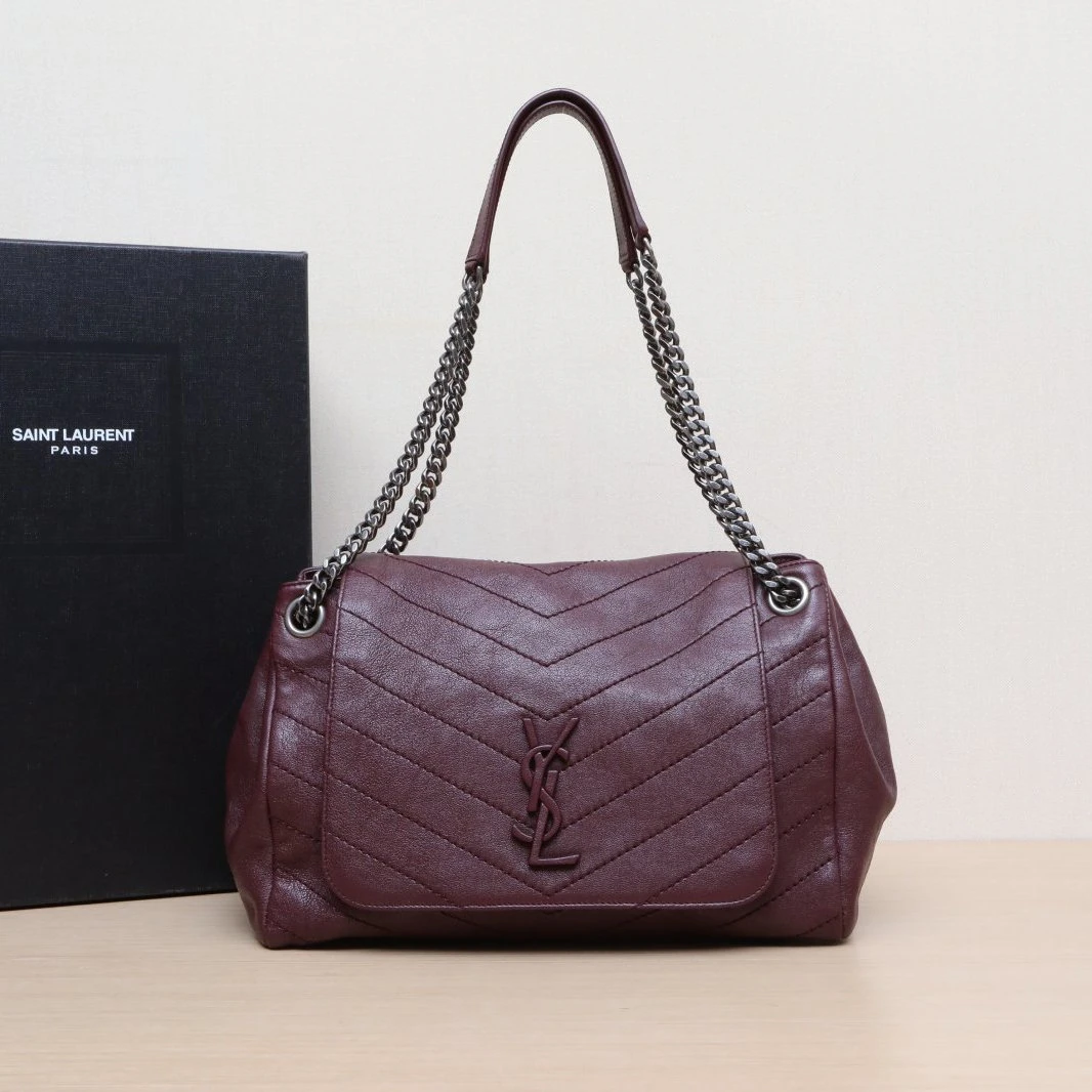 95新 YSL/圣罗兰 【黑黑】 酒红色 Nolita 中号 链条包