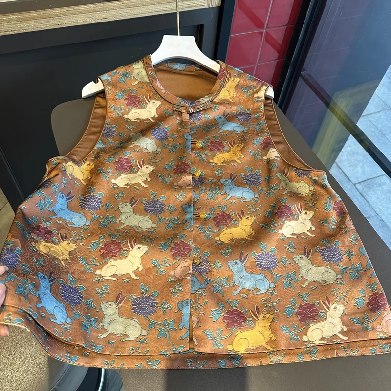 【玉兔 马甲】气质时尚中式显瘦圆领无袖手工扣提花上衣Cm