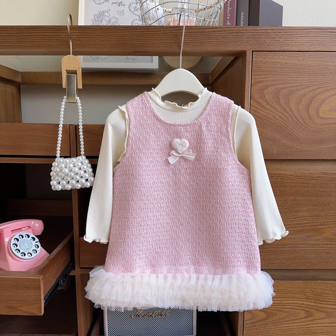 女童小香风无袖连衣裙春秋季新款粗花呢泡泡纱拼接背心裙