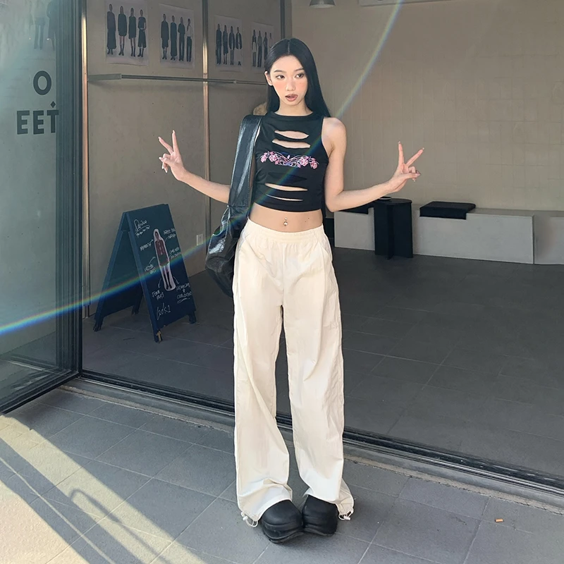 2025年春夏新款垂感工装宽松高腰直筒阔腿拖地速干休闲裤女