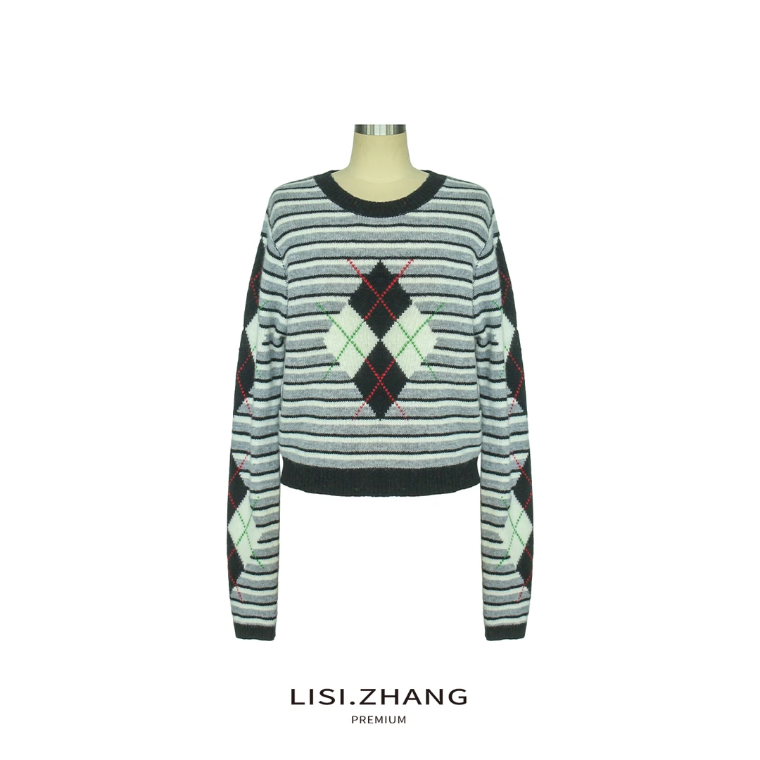 LISI.ZHANG--【菱格条纹羊毛衫】全美丽诺羊毛条纹菱形格撞色针织衫