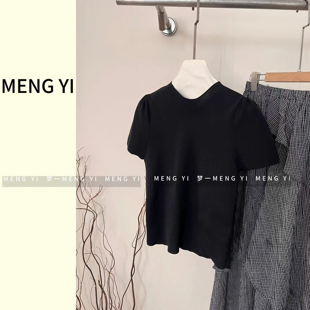 短袖捏褶肩冰凉针织T上衣my-5092