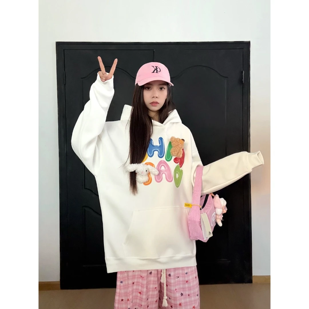 【小熊和兔子卫衣】460克重磅印花套头连帽卫衣宽松情侣男女同款