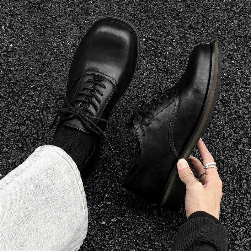 春秋男士皮鞋时尚百搭方头厚底德比鞋英伦通勤鞋商务正装休闲皮鞋