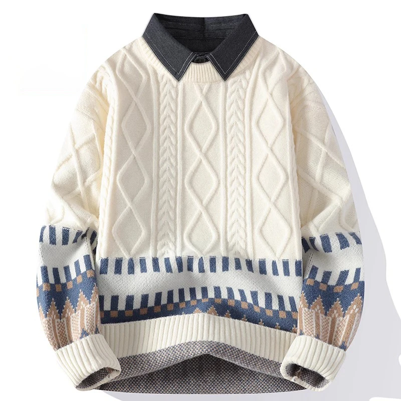 Cebrodz潮流衬衫领休闲毛衣冬季新款假两件针织衫加厚保暖上衣男